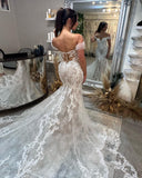 Sexy Floor Length Sweetheart Off-The-Shoulder Sleeveless Mermaid Lace Wedding Dress-misshow.com