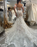 Sexy Floor Length Sweetheart Off-The-Shoulder Sleeveless Mermaid Lace Wedding Dress-misshow.com