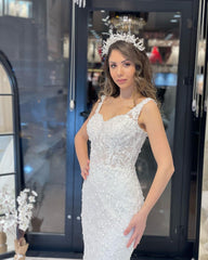 Sexy Floor Length Sweetheart Traps Sleeveless Mermaid Lace Weddding Dress with Court Train-misshow.com