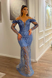 Sexy Floor Length V-Neck Long Sleeves Sheath Mermaid Lace Prom Dress