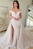 Sexy Floor Length V-Neck Off-The-Shoulder Mermaid Lace Wedding Dress with Court Train-misshow.com
