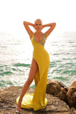 Sexy Floor Length V-neck Straps Sleeveless Mermaid Satin Prom Dress with Split-misshow.com