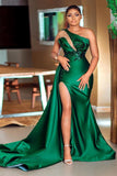 Sexy Green One Shoulder Beading Wedding Prom Dresses with Slit
