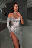 Sexy high neck long sleeves mermaid satin prom dresses split front-misshow.com