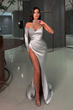 Sexy high neck long sleeves mermaid satin prom dresses split front-misshow.com