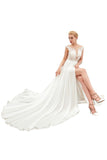 Looking for  in 100D Chiffon,Tulle, A-line style, and Gorgeous Lace,Split Front work  MISSHOW has all covered on this elegant Sexy High Split Cap Sleeve Wedding Dress Sheer Back Ivory Lace Bridal Gown