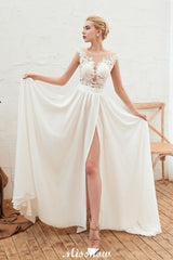 Looking for  in 100D Chiffon,Tulle, A-line style, and Gorgeous Lace,Split Front work  MISSHOW has all covered on this elegant Sexy High Split Cap Sleeve Wedding Dress Sheer Back Ivory Lace Bridal Gown