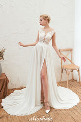 Looking for  in 100D Chiffon,Tulle, A-line style, and Gorgeous Lace,Split Front work  MISSHOW has all covered on this elegant Sexy High Split Cap Sleeve Wedding Dress Sheer Back Ivory Lace Bridal Gown