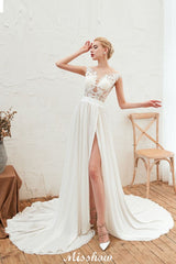 Looking for  in 100D Chiffon,Tulle, A-line style, and Gorgeous Lace,Split Front work  MISSHOW has all covered on this elegant Sexy High Split Cap Sleeve Wedding Dress Sheer Back Ivory Lace Bridal Gown