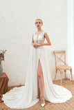 Sexy High Split Cap Sleeve Wedding Dress Sheer Back Ivory Lace Bridal Gown