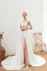 Looking for  in 100D Chiffon,Tulle, A-line style, and Gorgeous Lace,Split Front work  MISSHOW has all covered on this elegant Sexy High Split Cap Sleeve Wedding Dress Sheer Back Ivory Lace Bridal Gown