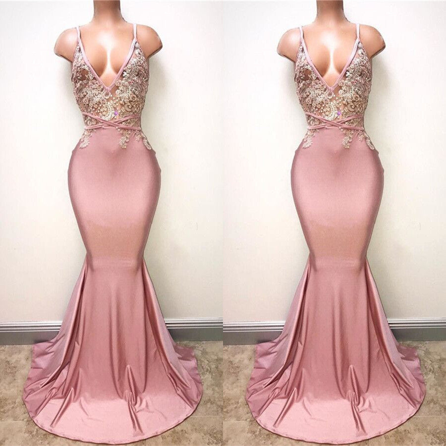 Sexy Lace-Appliques Sleeveless Mermaid Spaghettis-Strap Evening Gowns-misshow.com