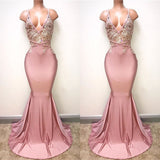 Sexy Lace-Appliques Sleeveless Mermaid Spaghettis-Strap Evening Gowns-misshow.com