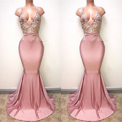 Sexy Lace-Appliques Sleeveless Mermaid Spaghettis-Strap Evening Gowns-misshow.com