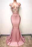 Sexy Lace-Appliques Sleeveless Mermaid Spaghettis-Strap Evening Gowns-misshow.com