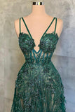 Sexy Long A-line V-Neck Spaghetti Straps Green Prom Dress With Lace-misshow.com