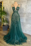 Sexy Long A-line V-Neck Spaghetti Straps Green Prom Dress With Lace-misshow.com
