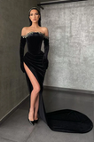 Sexy Long Black Off-the-shoulder Long Sleeves Mermaid Prom Dress With Slit-misshow.com