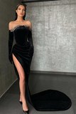 Sexy Long Black Off-the-shoulder Long Sleeves Mermaid Prom Dress With Slit