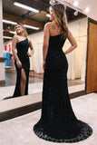 Sexy Long Black One Shoulder Glitter Mermaid Prom Dresses With Slit-misshow.com