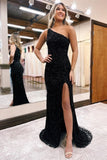 Sexy Long Black One Shoulder Glitter Mermaid Prom Dresses With Slit