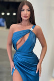 Sexy Long Blue Mermaid One Shoulder Sleeveless Prom Dress With Slit-misshow.com