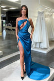 Sexy Long Blue Mermaid One Shoulder Sleeveless Prom Dress With Slit