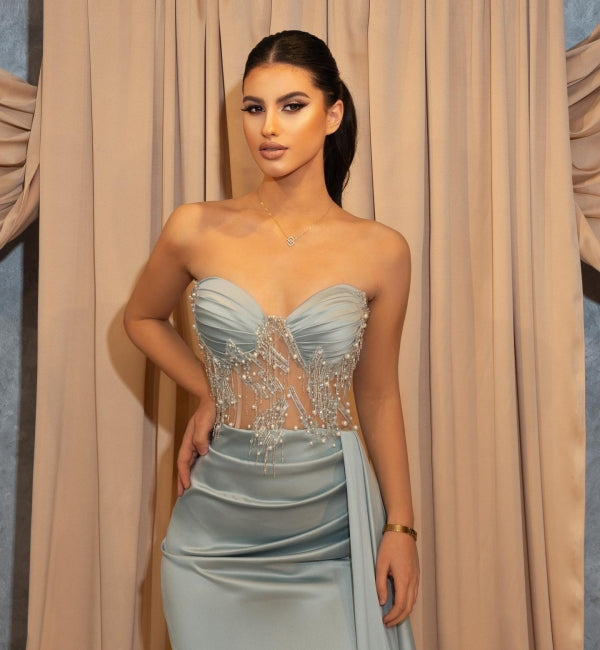 Sexy Long Blue Slit Glitter Mermaid Prom Evening Dresses with Ruffles-misshow.com