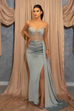 Sexy Long Blue Slit Glitter Mermaid Prom Dresses with Ruffles