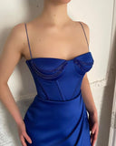 Sexy Long Blue Spaghetti Straps Mermaid Sleeveless Prom Dress With Slit-misshow.com