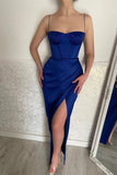 Sexy Long Blue Spaghetti Straps Mermaid Sleeveless Prom Dress With Slit