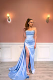 Sexy Long Blue Strapless Lace Rhinestones Mermaid Prom Dress With Slit