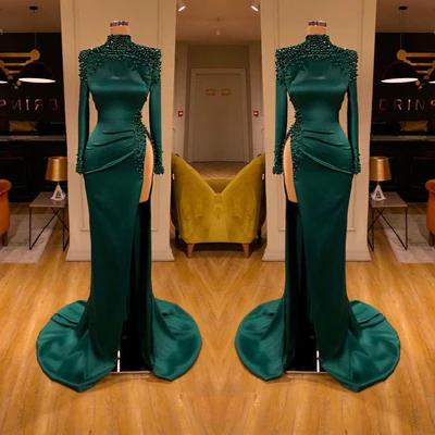 Sexy Long Dark Green High Neck Long Sleeves Beading Prom Dress With Slit-misshow.com