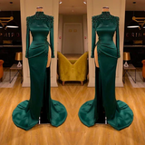 Sexy Long Dark Green High Neck Long Sleeves Beading Prom Dress With Slit-misshow.com