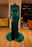 Sexy Long Dark Green High Neck Long Sleeves Beading Prom Dress With Slit