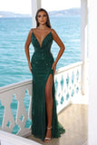 Sexy Long Dark Green Spaghetti Straps V-neck Sleeveless Prom Dresses With Glitter-misshow.com