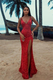 Sexy Long Glitter Red Sleeveless Mermaid Evening Dress With Slit-misshow.com