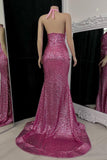 Sexy Long Mermaid High Neck Sequined Sleeveless Prom Dress With Slit-misshow.com