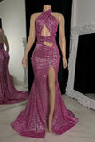 Sexy Long Mermaid High Neck Sequined Sleeveless Prom Dress With Slit-misshow.com