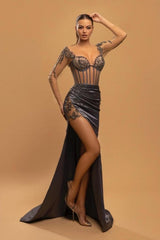 Sexy Long Mermaid Lace Evening Dresses With Long Sleeves