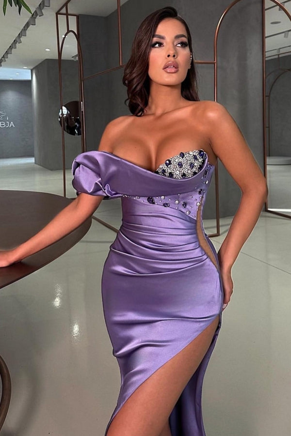 Sexy Long Mermaid Purple One Shoulder Sleeveless Rhinestones Prom Evening Dresses with Slit