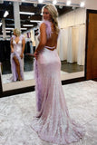 Sexy Long Mermaid V-neck Sequined Sleeveless Prom Dress With Slit-misshow.com