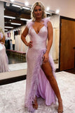 Sexy Long Mermaid V-neck Sequined Sleeveless Prom Dress With Slit-misshow.com