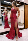 Sexy Long One Shoulder Sequined Mermaid Evening Dress-misshow.com