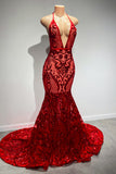 Sexy Long Red Halter Backless V-neck Lace Sleeveless Mermaid Prom Dress-misshow.com