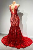 Sexy Long Red Halter Backless V-neck Lace Sleeveless Mermaid Prom Dress-misshow.com