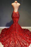 Sexy Long Red Halter Backless V-neck Lace Sleeveless Mermaid Prom Dress-misshow.com