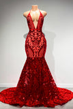 Sexy Long Red Halter Backless V-neck Lace Sleeveless Mermaid Prom Dress