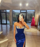 Sexy Long Royal Blue Column Sleeveless Rhinestones Prom Dress With Slit
