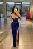 Sexy Long Royal Blue Column Sleeveless Rhinestones Prom Dress With Slit
